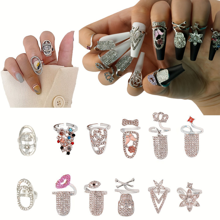 12 Pcs Women Luxury Fingernails Ring Fashion Bowknot Knuckle Nail Ring Decoration Tip Nail Art Charm Crown Flower Crystal Rhinestone Finger Nail Rings - Total Trends Fusion