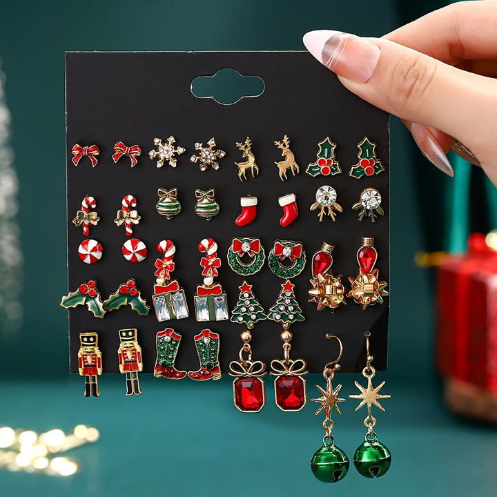 1 Set Of 20 Pairs Christmas Earrings- Christmas Tree Bow Tie Bell Elk Snowflake Earrings Set For Women Suitable For Christmas Party. - Total Trends Fusion