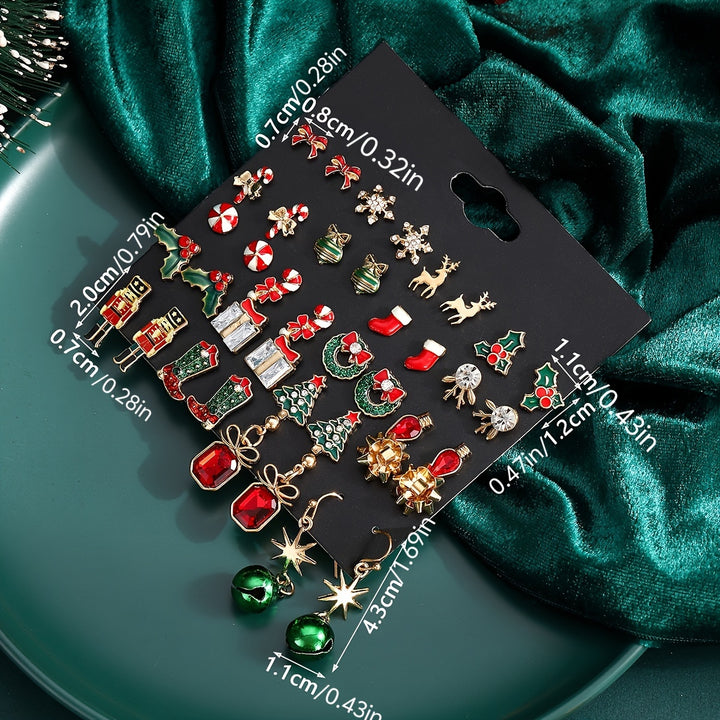 1 Set Of 20 Pairs Christmas Earrings- Christmas Tree Bow Tie Bell Elk Snowflake Earrings Set For Women Suitable For Christmas Party. - Total Trends Fusion