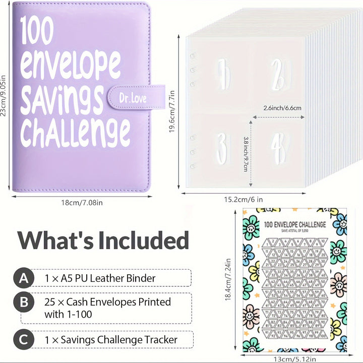 100 Envelope Savings Challenge Binder - Cash Savings Planner with Numbered Pockets to Save $5050 in 100 Days, Coin Envelope Budget Book with Tracker by Dr.Love - Total Trends Fusion