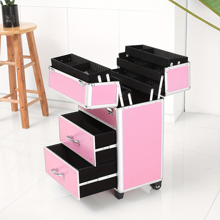 4-tier Lockable Cosmetic Makeup Train Case With Extendable Trays Pink For Beauty Salon - Total Trends Fusion