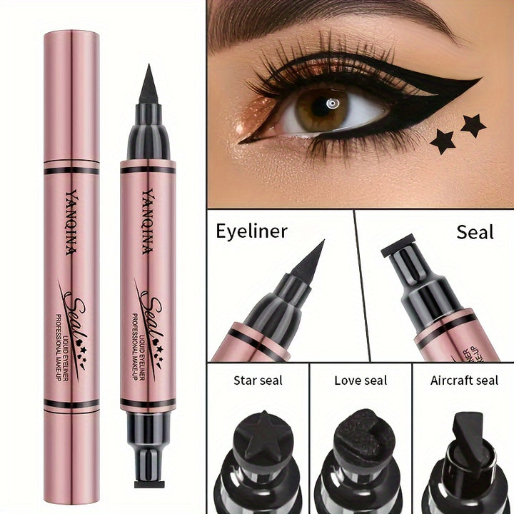 3pcs Nature Makeup Effect Black Eyeliner Stamp - Waterproof, Smudge Proof Liquid Liner Pen With Winged, Star, And Heart Stamps For Easy Cat Eye Stencil Tool - All Eye Shapes Compatible - Total Trends Fusion