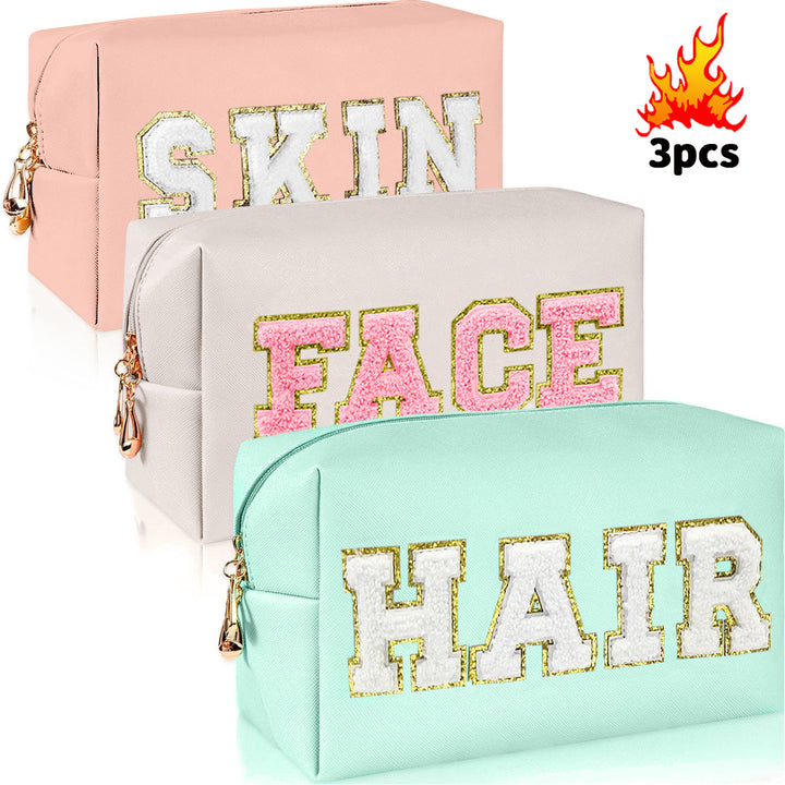 3pcs Preppy Chenille Makeup Bag Set: Waterproof PU Leather Travel Toiletry Bag with Cute Zipper Organizer for Skin, Hair, and Face Care - Total Trends Fusion