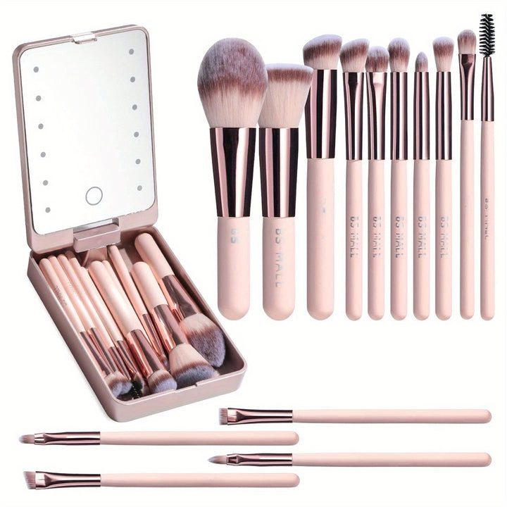 14-Piece Mini Travel Makeup Brush Set with LED Light Mirror - Portable Foundation, Powder, Concealers, Eye Shadows Makeup Kit - Compact, Travel-Friendly, Easy-to-Use, Soft Bristles, Multi-Functional - Total Trends Fusion