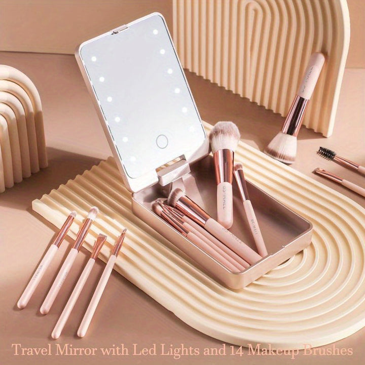 14-Piece Mini Travel Makeup Brush Set with LED Light Mirror - Portable Foundation, Powder, Concealers, Eye Shadows Makeup Kit - Compact, Travel-Friendly, Easy-to-Use, Soft Bristles, Multi-Functional