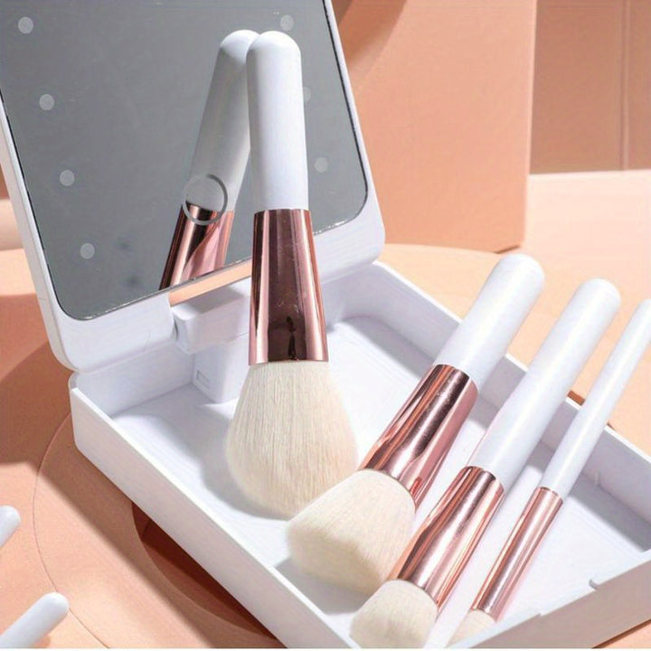 14-Piece Mini Travel Makeup Brush Set with LED Light Mirror - Portable Foundation, Powder, Concealers, Eye Shadows Makeup Kit - Compact, Travel-Friendly, Easy-to-Use, Soft Bristles, Multi-Functional