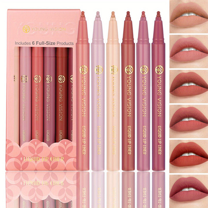 6-Pcs Liquid Lipstick & Lipliner Set, Lip Stain Tint Collection - Gourd-Shaped, Durable, Easy Glide, Nude Matte Shades Lip Contour/ Lipliner Application, Gift for Women - Total Trends Fusion