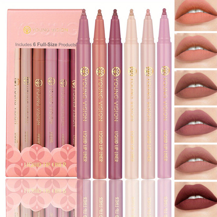 6-Pcs Liquid Lipstick & Lipliner Set, Lip Stain Tint Collection - Gourd-Shaped, Durable, Easy Glide, Nude Matte Shades Lip Contour/ Lipliner Application, Gift for Women - Total Trends Fusion