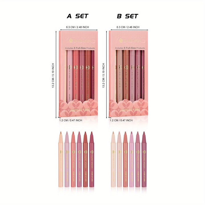 6-Pcs Liquid Lipstick & Lipliner Set, Lip Stain Tint Collection - Gourd-Shaped, Durable, Easy Glide, Nude Matte Shades Lip Contour/ Lipliner Application, Gift for Women - Total Trends Fusion