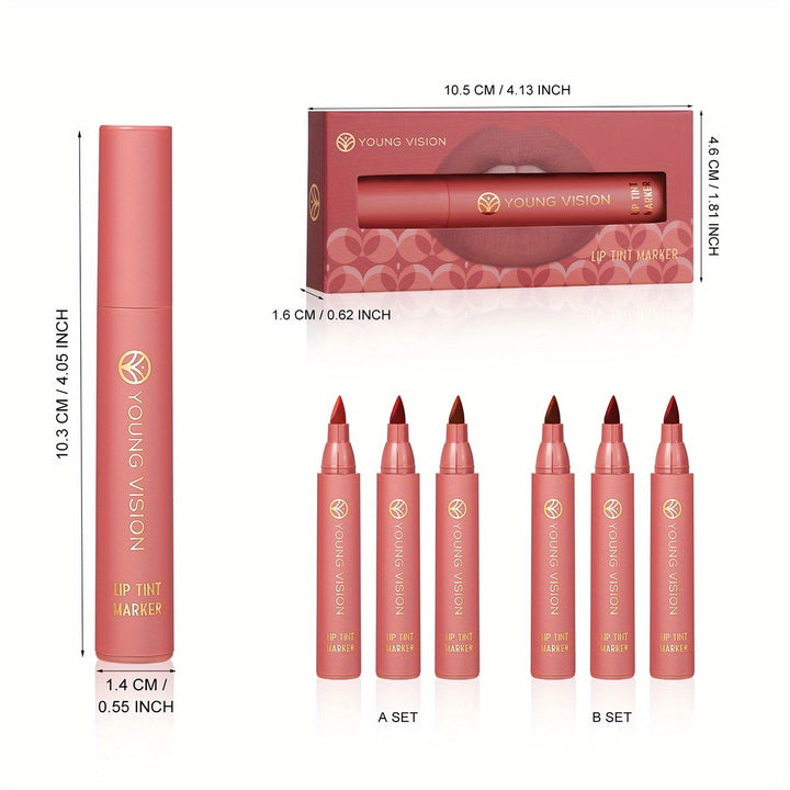 YOUNG VISION Lip Tint Marker 3 PCS Set, Lightweight Lip Stain, Liquid lipstick with Nude Matte Shades, Lip Liner and Stick 2-in-1, Long Wearing and Waterproof - Total Trends Fusion