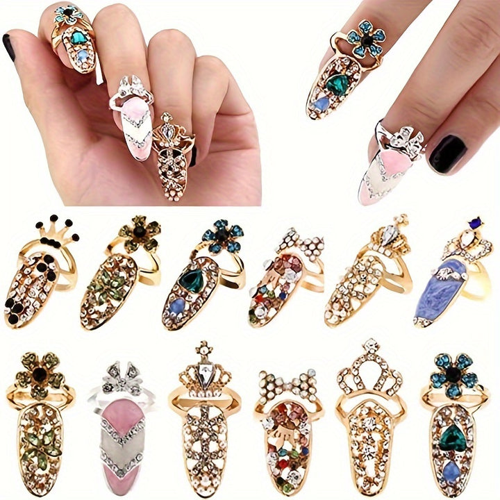 12 Pcs Women Luxury Fingernails Ring Fashion Bowknot Knuckle Nail Ring Decoration Tip Nail Art Charm Crown Flower Crystal Rhinestone Finger Nail Rings - Total Trends Fusion