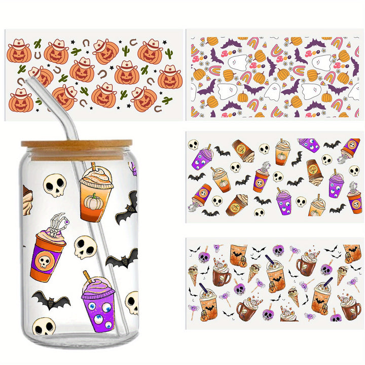 Halloween Horror & Pumpkin UV DTF Cup Decals - Scratch-Resistant, Waterproof Stickers for 16oz Libbey Glass Tumblers, DIY Sparkle Finish, Self-Adhesive - Total Trends Fusion