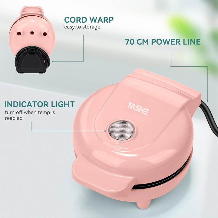 Mini Waffle Maker, 550W Waffle Iron, Ready Indicator Light, Cool Touch Handle, Non Stick Coating, Compact Size, Pink - Total Trends Fusion