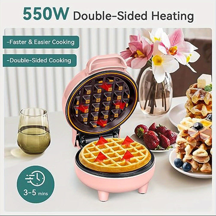 Mini Waffle Maker, 550W Waffle Iron, Ready Indicator Light, Cool Touch Handle, Non Stick Coating, Compact Size, Pink - Total Trends Fusion