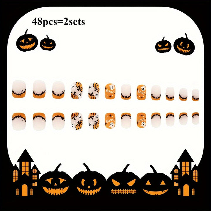 48pcs 2sets Halloween Themed Nail Tips - Vibrant Orange Glossy Square Short Press-On Nails with Adorable Pumpkin and Boo Pattern for Full Cover, Removable, and Reusable Nail Art Designs, Perfect for Parties and Daily Wear - Total Trends Fusion