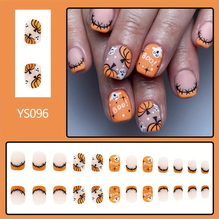 48pcs 2sets Halloween Themed Nail Tips - Vibrant Orange Glossy Square Short Press-On Nails with Adorable Pumpkin and Boo Pattern for Full Cover, Removable, and Reusable Nail Art Designs, Perfect for Parties and Daily Wear - Total Trends Fusion