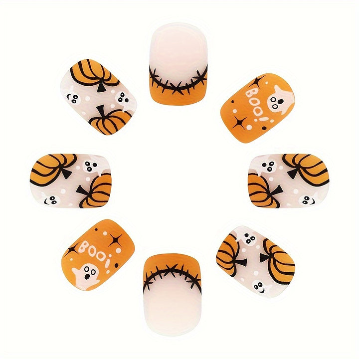 48pcs 2sets Halloween Themed Nail Tips - Vibrant Orange Glossy Square Short Press-On Nails with Adorable Pumpkin and Boo Pattern for Full Cover, Removable, and Reusable Nail Art Designs, Perfect for Parties and Daily Wear - Total Trends Fusion