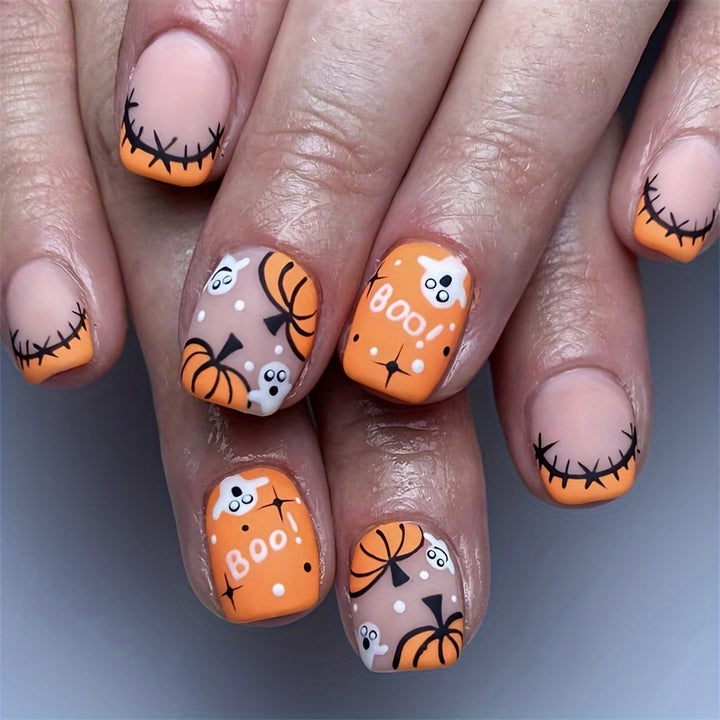 48pcs 2sets Halloween Themed Nail Tips - Vibrant Orange Glossy Square Short Press-On Nails with Adorable Pumpkin and Boo Pattern for Full Cover, Removable, and Reusable Nail Art Designs, Perfect for Parties and Daily Wear - Total Trends Fusion