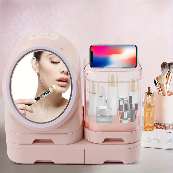 Desktop Cosmetic Storage Box Makeup Jewelry Beauty Case W/ Mirror Led Light Pink - Total Trends Fusion