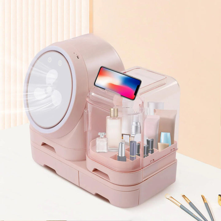 Desktop Cosmetic Storage Box Makeup Jewelry Beauty Case W/ Mirror Led Light Pink - Total Trends Fusion