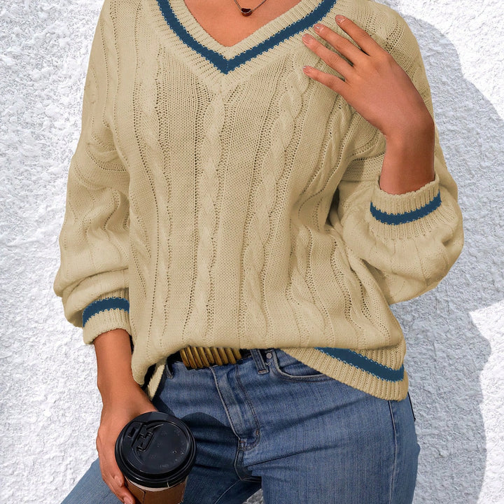 "Cozy Autumn Vibes: Women’s Color Block V-Neck Knit Sweater | Stylish Fall Wardrobe"