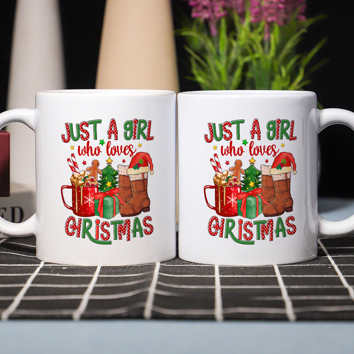 "Just A Girl Who Loves Christmas Mug | Funny 11oz Ceramic Coffee Cup with Festive Design"