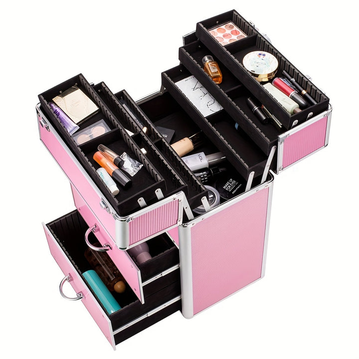 4-tier Lockable Cosmetic Makeup Train Case With Extendable Trays Pink For Beauty Salon - Total Trends Fusion