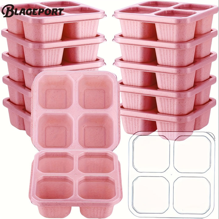 12 Pcs Bento Snack Containers 4 Divided Compartments Wheat Straw Snack Box with Lid Reusable Meal Prep Lunch Box Food Storage Containers for Adults Travel Work - Total Trends Fusion