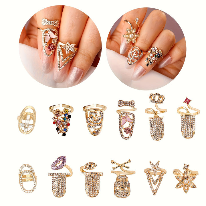 12 Pcs Women Luxury Fingernails Ring Fashion Bowknot Knuckle Nail Ring Decoration Tip Nail Art Charm Crown Flower Crystal Rhinestone Finger Nail Rings - Total Trends Fusion