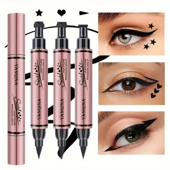 3pcs Nature Makeup Effect Black Eyeliner Stamp - Waterproof, Smudge Proof Liquid Liner Pen With Winged, Star, And Heart Stamps For Easy Cat Eye Stencil Tool - All Eye Shapes Compatible - Total Trends Fusion