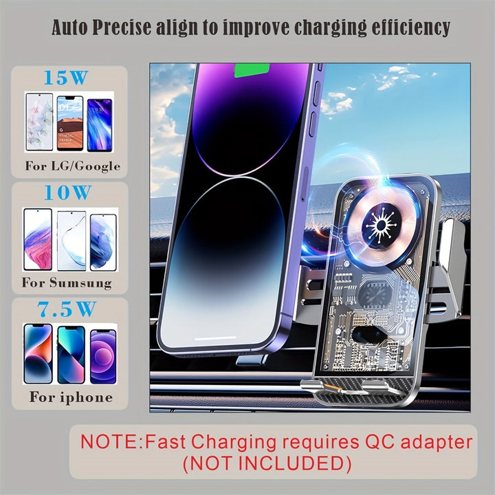 15W Fast Wireless Car Charger Mount with Smart Sensor Auto Clamping - Air Conditioner Outlet Mounting - Compatible with iPhone 15, 14, 13, 12, 11 Pro, Samsung Galaxy S23 Ultra, S22, S21, S20, S10+, S9+, Durable ABS Material