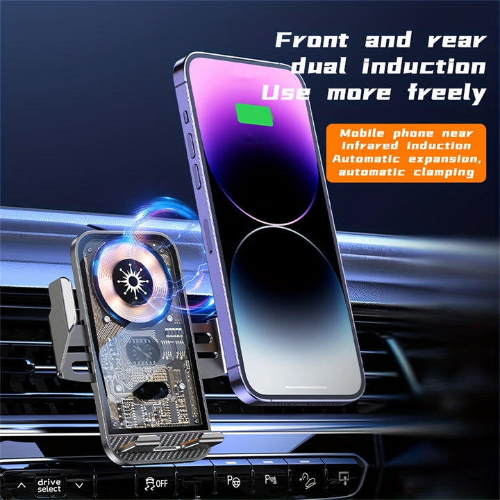 15W Fast Wireless Car Charger Mount with Smart Sensor Auto Clamping - Air Conditioner Outlet Mounting - Compatible with iPhone 15, 14, 13, 12, 11 Pro, Samsung Galaxy S23 Ultra, S22, S21, S20, S10+, S9+, Durable ABS Material