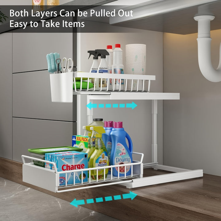 2 Tier Pull Out Cabinet Organizer, Metal Under Sink Organizer Slide Out Cabinet Drawers Heavy Duty Pull Out Shelves for Kitchen, Pantry, Bathroom White - Total Trends Fusion