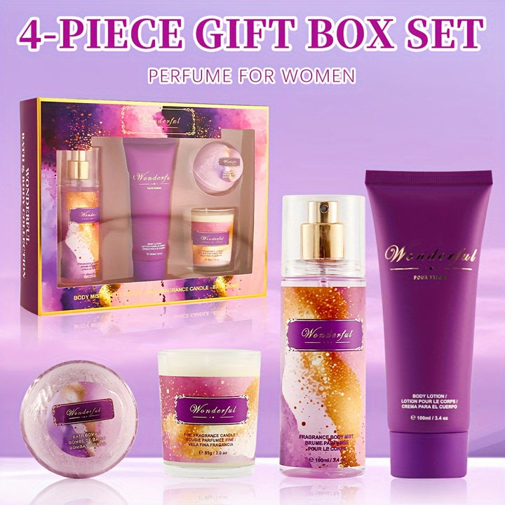 4pcs Set, Women'S Eau De Parfuma Spray&Body Lotion&Bath Bomb&Fine Fragrance Candle Gift Box, Long Lasting Fragrance Body Mist, Perfect for Holiday Gifts, Dating, Daily Life, Parties, 3.4 Fl Oz Perfume, 3.4 Fl Oz Body Lotion