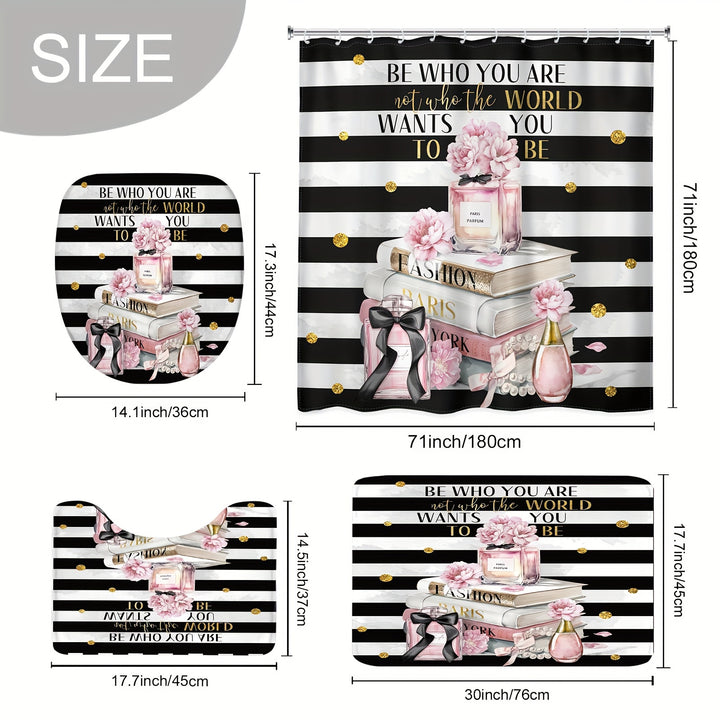 1/4 pcs Fashion Shower Curtain Set – Black & White Striped with Pink Accent, Waterproof, Non-Slip Mats & Complete Bathroom Accessories - Total Trends Fusion