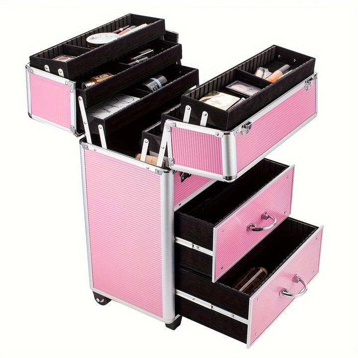 4-tier Lockable Cosmetic Makeup Train Case With Extendable Trays Pink For Beauty Salon - Total Trends Fusion