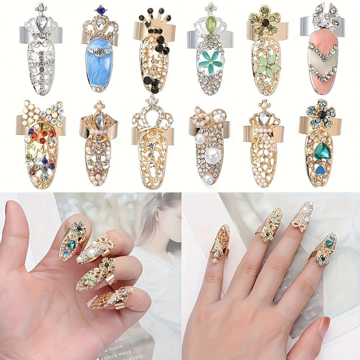 12 Pcs Women Luxury Fingernails Ring Fashion Bowknot Knuckle Nail Ring Decoration Tip Nail Art Charm Crown Flower Crystal Rhinestone Finger Nail Rings - Total Trends Fusion