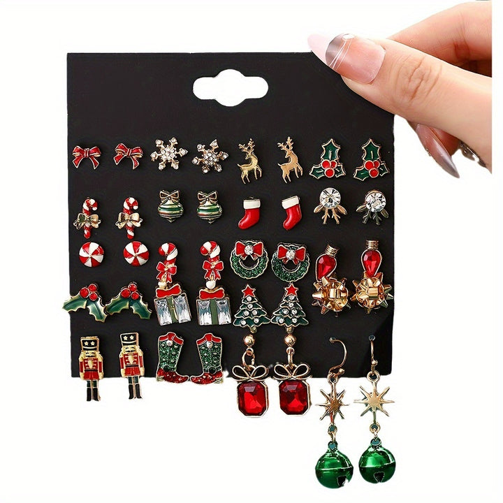 1 Set Of 20 Pairs Christmas Earrings- Christmas Tree Bow Tie Bell Elk Snowflake Earrings Set For Women Suitable For Christmas Party. - Total Trends Fusion