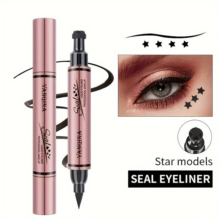 3pcs Nature Makeup Effect Black Eyeliner Stamp - Waterproof, Smudge Proof Liquid Liner Pen With Winged, Star, And Heart Stamps For Easy Cat Eye Stencil Tool - All Eye Shapes Compatible - Total Trends Fusion