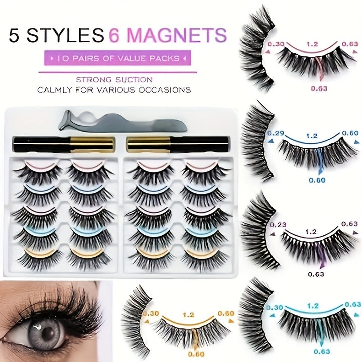 10 Pairs Magnetic Eyelashes Kit - Natural Looking, Reusable, Easy to Wear, No Glue Needed, 3D 5D False Lashes with Latest Six Magnets Technology, Long-Lasting, Water Resistant, and Gentle on Eyes - Total Trends Fusion