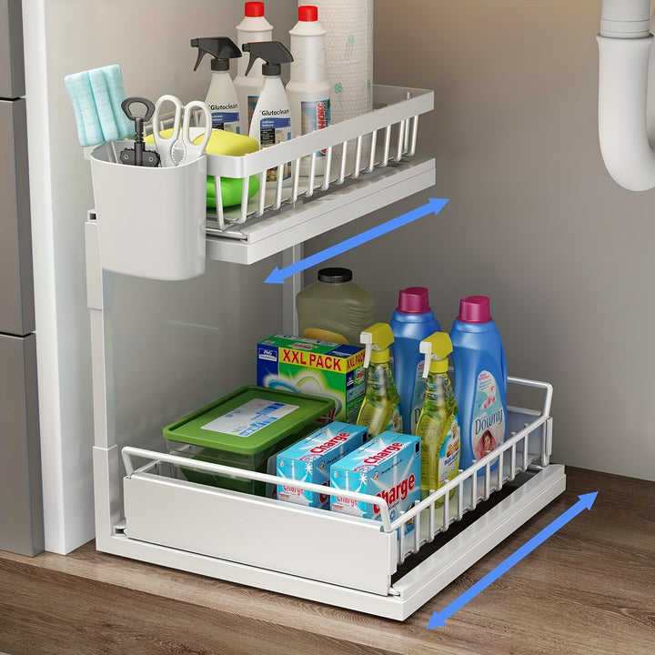 2 Tier Pull Out Cabinet Organizer, Metal Under Sink Organizer Slide Out Cabinet Drawers Heavy Duty Pull Out Shelves for Kitchen, Pantry, Bathroom White - Total Trends Fusion