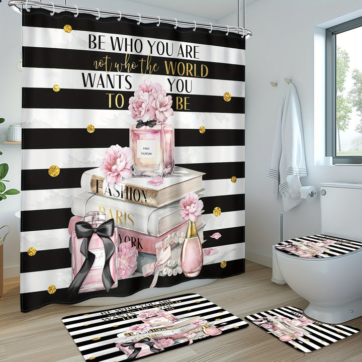 1/4 pcs Fashion Shower Curtain Set – Black & White Striped with Pink Accent, Waterproof, Non-Slip Mats & Complete Bathroom Accessories - Total Trends Fusion