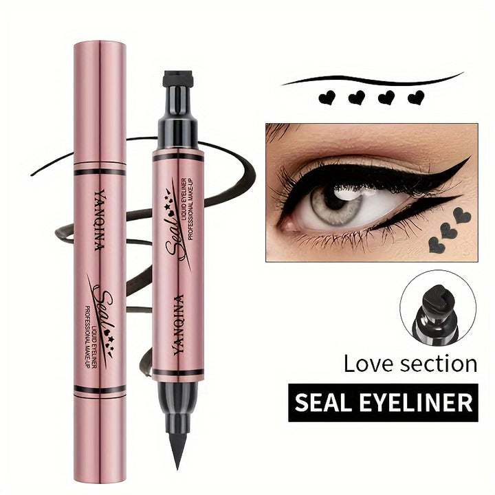 3pcs Nature Makeup Effect Black Eyeliner Stamp - Waterproof, Smudge Proof Liquid Liner Pen With Winged, Star, And Heart Stamps For Easy Cat Eye Stencil Tool - All Eye Shapes Compatible - Total Trends Fusion