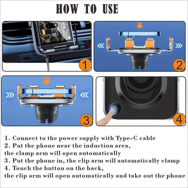 15W Fast Wireless Car Charger Mount with Smart Sensor Auto Clamping - Air Conditioner Outlet Mounting - Compatible with iPhone 15, 14, 13, 12, 11 Pro, Samsung Galaxy S23 Ultra, S22, S21, S20, S10+, S9+, Durable ABS Material