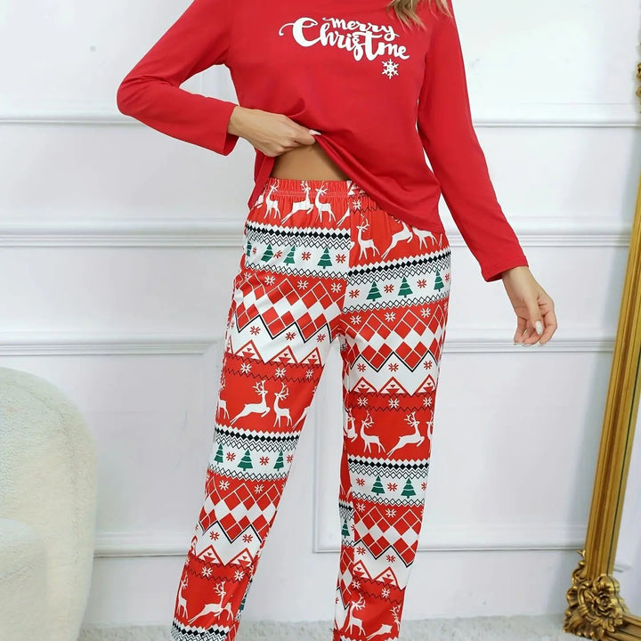 "Women’s Christmas Sleepwear | 2-Piece Red Elk Print Pajama Set with Long Sleeve Top & Trousers"