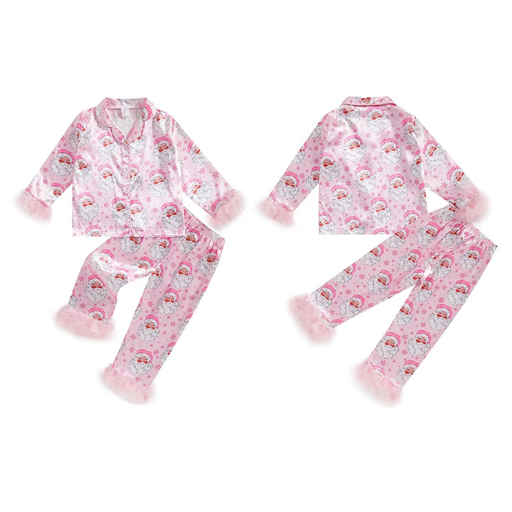 Toddler Kids Baby Girl Christmas Pajamas Sets Satin Santa Claus/Plaid Print Long Sleeve Feather Trim Shirts Pants Sleepwear