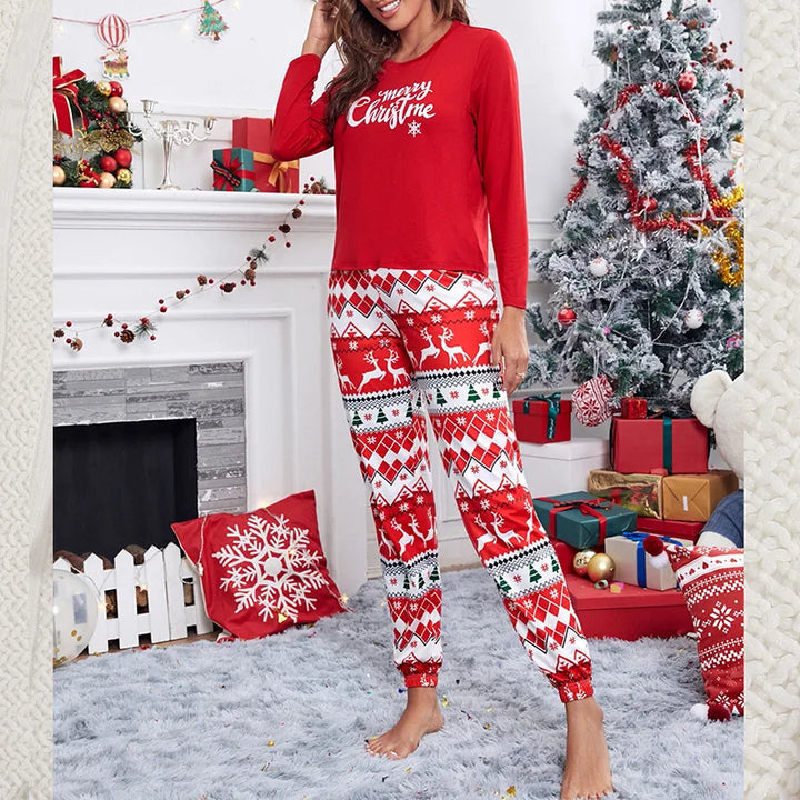 "Women’s Christmas Sleepwear | 2-Piece Red Elk Print Pajama Set with Long Sleeve Top & Trousers"