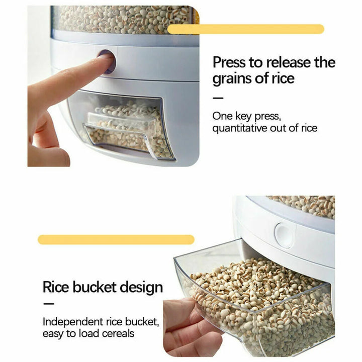 360° Rotating Food Dispenser Large-Capacity Storage Bucket Container 6-Grid Cereal Rice Sealed Tank Grain Box For Kitchen - Total Trends Fusion