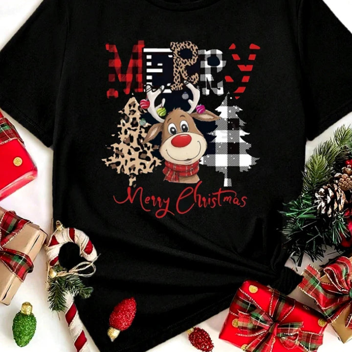 "Cute Reindeer Leopard Print Christmas T-Shirt | Women’s Casual Christmas Tree Graphic Tee" - Total Trends Fusion