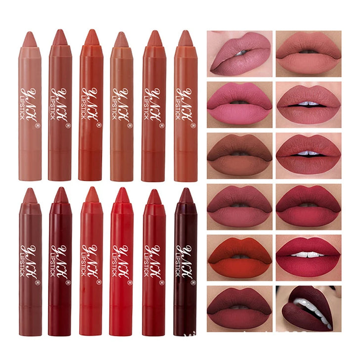 12-Color Velvet Matte Lip Gloss Pencil – Waterproof, Long-Lasting, Non-Stick Lip Tint Pen for Red & Nude Shades - Total Trends Fusion